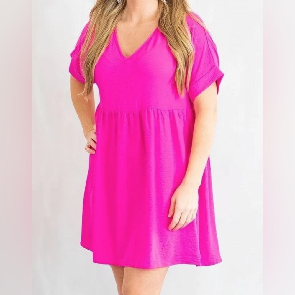 ENTRO Solid Rolled Sleeve Basic Babydoll Dress - HOT PINK